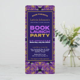 Paarse Fuchsia Gouden Kant Boek Lancering Kaart