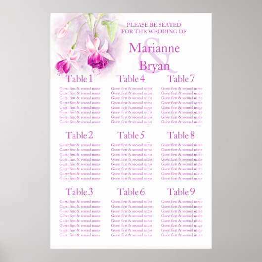 Paarse fuchsia Weddenschap-zitplaats Planner 1-9 Poster (Voorkant)