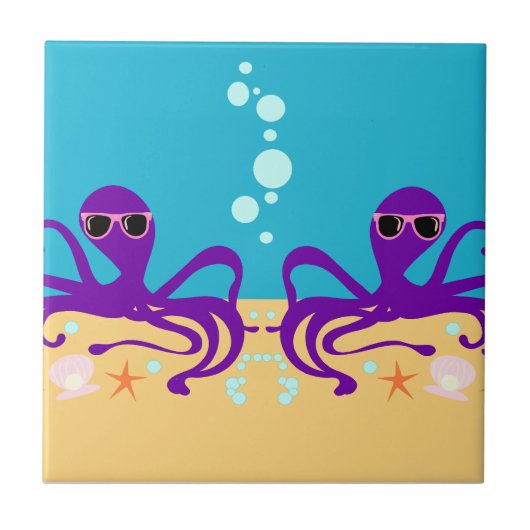 Paarse Fun Groovy Octopus Cartoon Art Tegeltje (Voorkant)