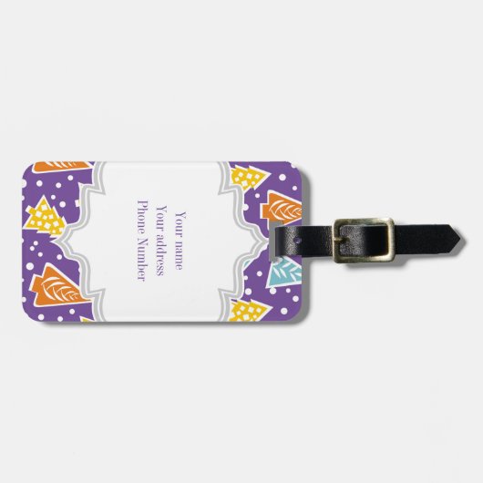 Paarse funky kerstbomen patroon, monogram bagagelabel (Voorkant horizontaal)