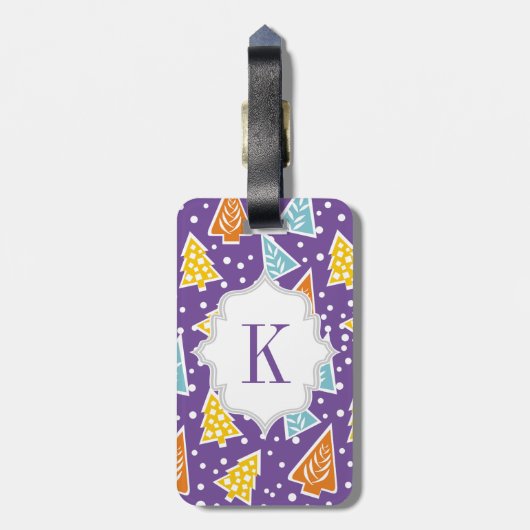 Paarse funky kerstbomen patroon, monogram bagagelabel (Achterkant verticaal)
