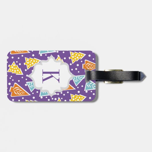 Paarse funky kerstbomen patroon, monogram bagagelabel (Achterkant horizontaal)