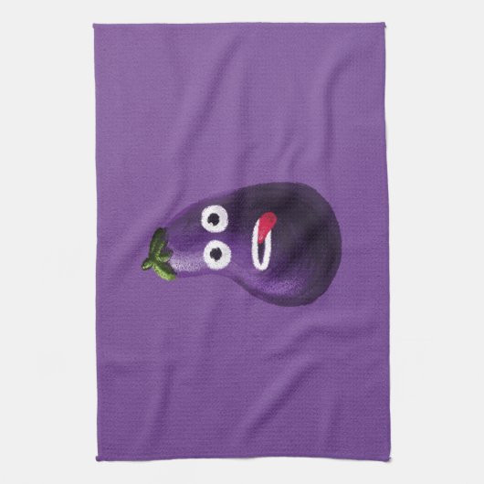 Paarse Funny Cartoon Eggplant Theedoek (Verticaal)