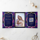 Paarse Galaxy Blue Mandala QR-code Indiaas huwelij Drieluik Uitnodiging (Binnen)