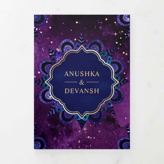 Paarse Galaxy Blue Mandala QR-code Indiaas huwelij Drieluik Uitnodiging (Cover)