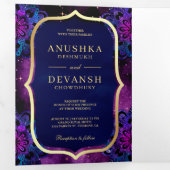 Paarse Galaxy Blue Mandala QR-code Indiaas huwelij Drieluik Uitnodiging (Binnenzijde eerst)