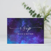 Paarse Galaxy Bruiloft | Sterrennacht Hemels RSVP Kaartje (Staand voorkant)
