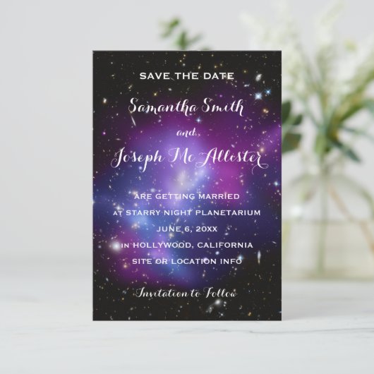 Paarse Galaxy Celestial Save the Date (Staand voorkant)