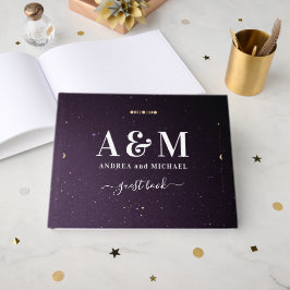 Paarse galaxy Celestial Starry Gold Moon Wedding Gastenboek