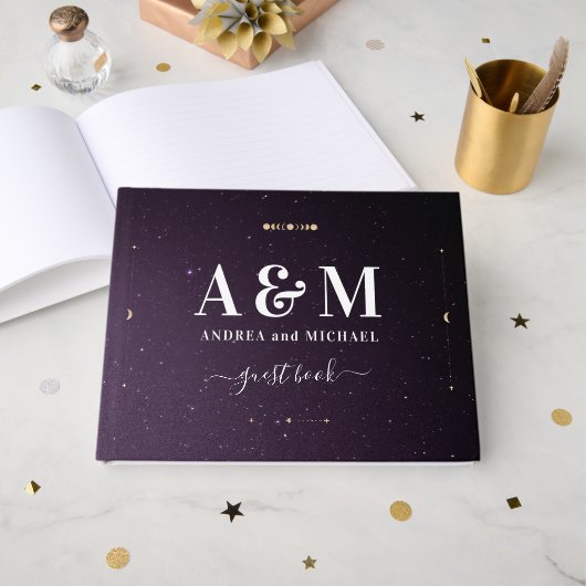Paarse galaxy Celestial Starry Gold Moon Wedding Gastenboek (Voorkant open)