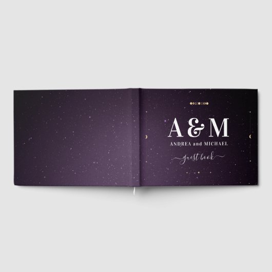 Paarse galaxy Celestial Starry Gold Moon Wedding Gastenboek (Volledig)