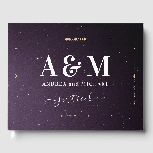 Paarse galaxy Celestial Starry Gold Moon Wedding Gastenboek (Voorkant)