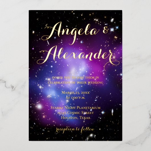 Paarse Galaxy Cluster Planetarium Weddending Folie Uitnodiging (Voorkant)