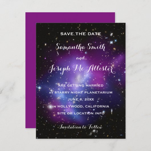 Paarse Galaxy Cluster sparen de Datum Save The Date (Voorkant / Achterkant)
