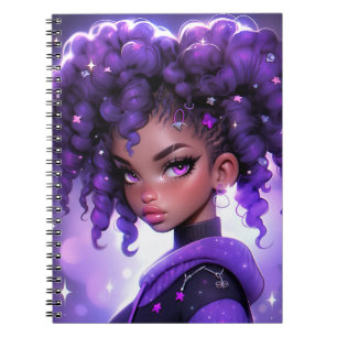 Paarse Galaxy Girl met krullend haar Notitieboek