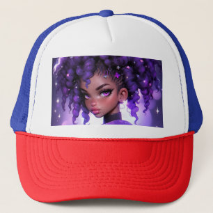 Paarse Galaxy Girl met krullend haar Trucker Pet