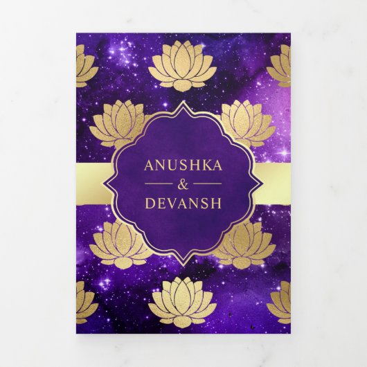 Paarse Galaxy Gold Lotus QR-code Indiaas huwelijk Drieluik Uitnodiging (Cover)