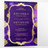 Paarse Galaxy Gold Lotus QR-code Indiaas huwelijk Drieluik Uitnodiging (Binnenzijde eerst)
