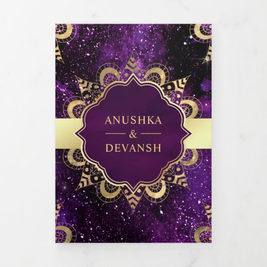 Paarse Galaxy Gold Mandala QR-code Indiaas huwelij Drieluik Uitnodiging (Cover)