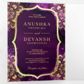 Paarse Galaxy Gold Mandala QR-code Indiaas huwelij Drieluik Uitnodiging (Binnenzijde eerst)