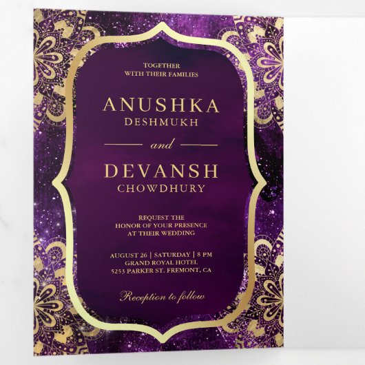 Paarse Galaxy Gold Mandala QR-code Indiaas huwelij Drieluik Uitnodiging (Binnenzijde eerst)