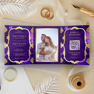 Paarse Galaxy Gouden Lotus QR Code Indiase Trouwda Drieluik Uitnodiging