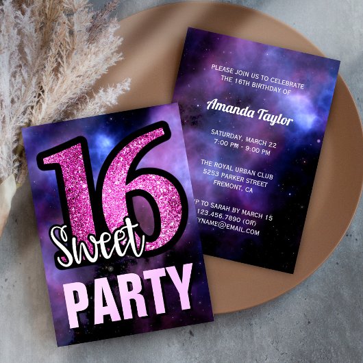 Paarse Galaxy Pink Glitter Sweet 16 Birthday Party Kaart