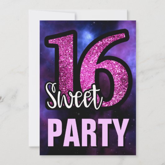 Paarse Galaxy Pink Glitter Sweet 16 Birthday Party Kaart (Voorkant)
