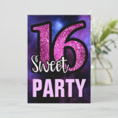 Paarse Galaxy Pink Glitter Sweet 16 Birthday Party Kaart (Staand voorkant)