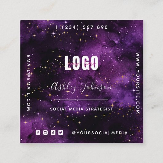 Paarse galaxy Space bespaart QR-code en Logo kosmi Vierkante Visitekaartje (Voorkant)
