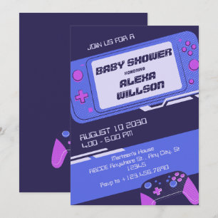 Paarse gamer baby shower kaart