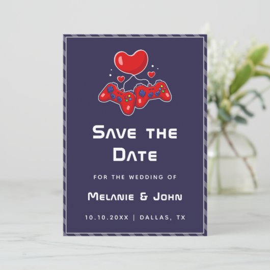 Paarse gamer Joypad Geeky Nerdy Love Save The Date (Staand voorkant)