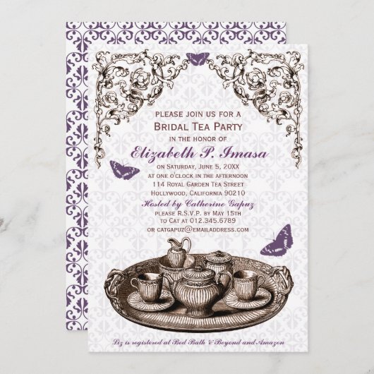 Paarse Garden Bridal Tea Party Kaart (Voorkant / Achterkant)