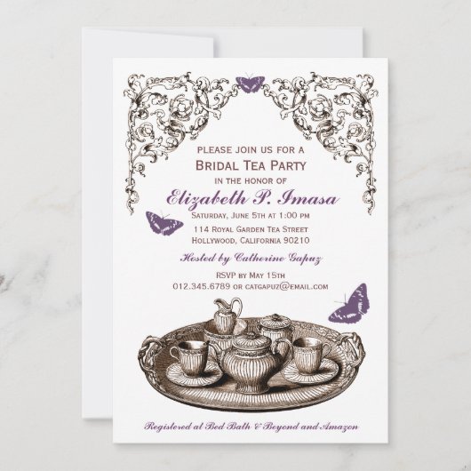 Paarse Garden Bridal Tea Party Kaart (Voorkant)
