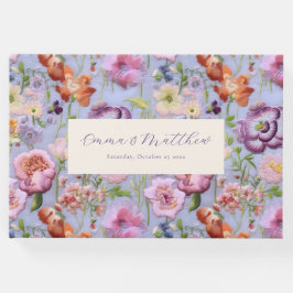 Paarse geborduurde bloemen Maximalistische bruilof Gastenboek