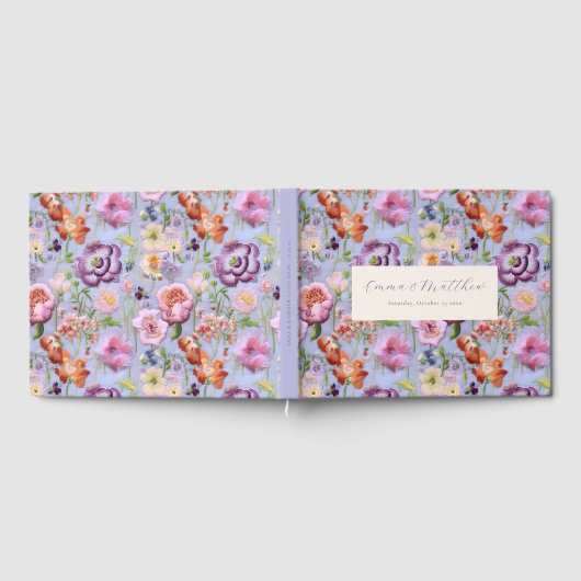 Paarse geborduurde bloemen Maximalistische bruilof Gastenboek (Volledig)