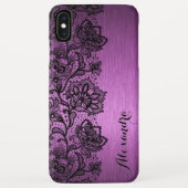 Paarse geborsteld aluminium & zwart bloemenkant Case-Mate iPhone case (Achterkant)