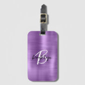 Paarse geborsteld metaal zwart wit script monogram bagagelabel (Voorkant (verticaal))