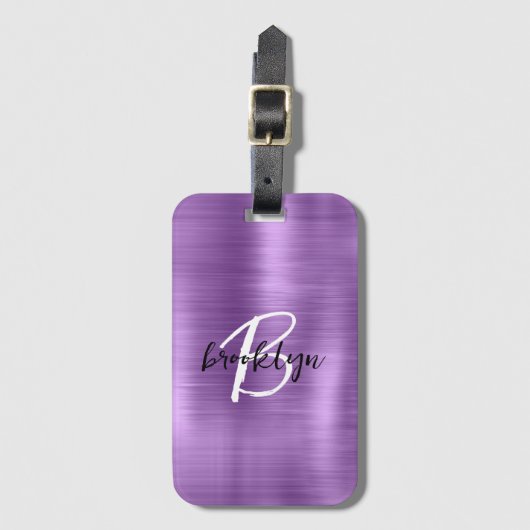 Paarse geborsteld metaal zwart wit script monogram bagagelabel (Voorkant (verticaal))