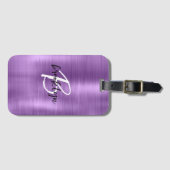 Paarse geborsteld metaal zwart wit script monogram bagagelabel (Voorkant (horizontaal))