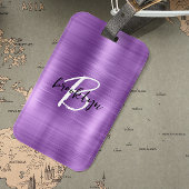 Paarse geborsteld metaal zwart wit script monogram bagagelabel