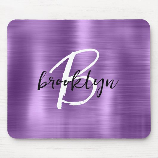 Paarse geborsteld metaal zwart wit script monogram muismat (Voorkant)