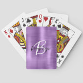 Paarse geborsteld metaal zwart wit script monogram pokerkaarten (Achterkant)