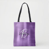 Paarse geborsteld metaal zwart wit script monogram tote bag (Voorkant)