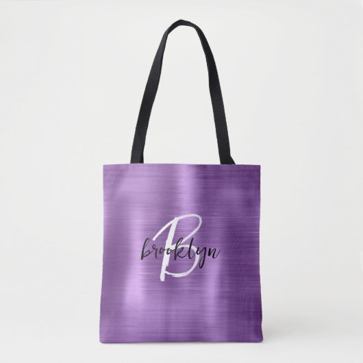 Paarse geborsteld metaal zwart wit script monogram tote bag (Voorkant)