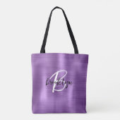 Paarse geborsteld metaal zwart wit script monogram tote bag (Achterkant)