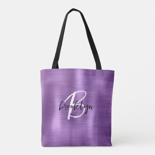 Paarse geborsteld metaal zwart wit script monogram tote bag (Achterkant)