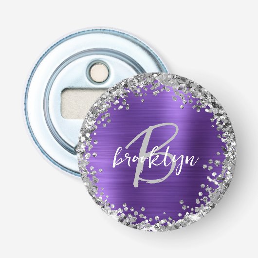 Paarse Geborstelde Metaal Zilveren Glitter Monogra Button Flesopener (Voorkant)