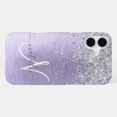 Paarse Geborstelde Metaal Zilveren Glitter Monogra iPhone Hoesje (Achterkant horizontaal)