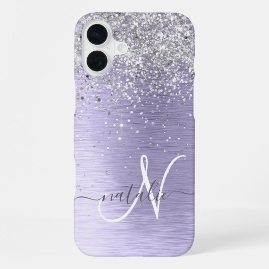 Paarse Geborstelde Metaal Zilveren Glitter Monogra iPhone Hoesje (Achterkant)